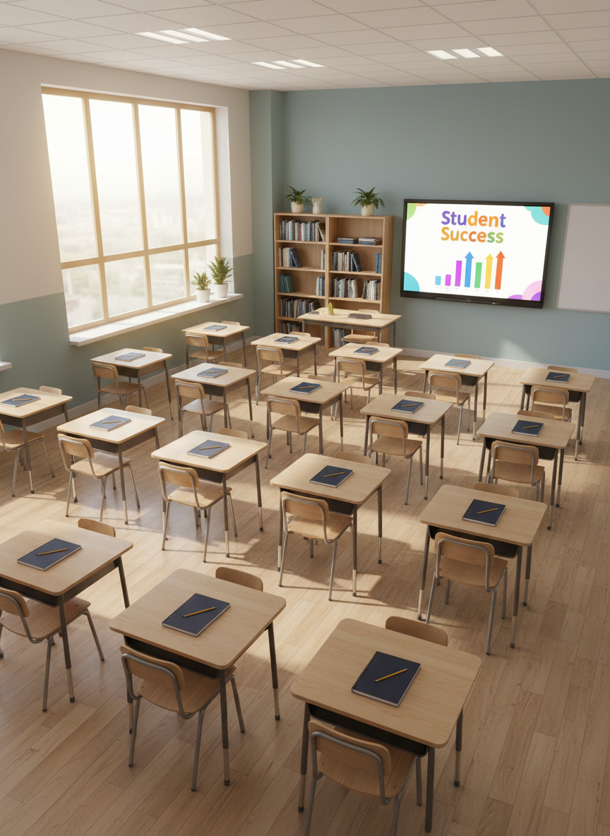 An empty, well-maintained high school classroom with rows of light wood desks neatly aligned, each with a closed navy-blue notebook and sharpened pencil placed precisely in the center. At the front, a large interactive digital display shows a simple, colorful chart labeled “Student Success” with upward trends. Natural afternoon light pours in from wide windows, casting soft, directional shadows across the floor and creating a bright, optimistic mood. Shot from a slightly elevated corner angle in photographic realism, the image captures the whole room in clear focus, highlighting cleanliness, order, and a calm, focused atmosphere that suggests practical, thoughtful decision-making in education.